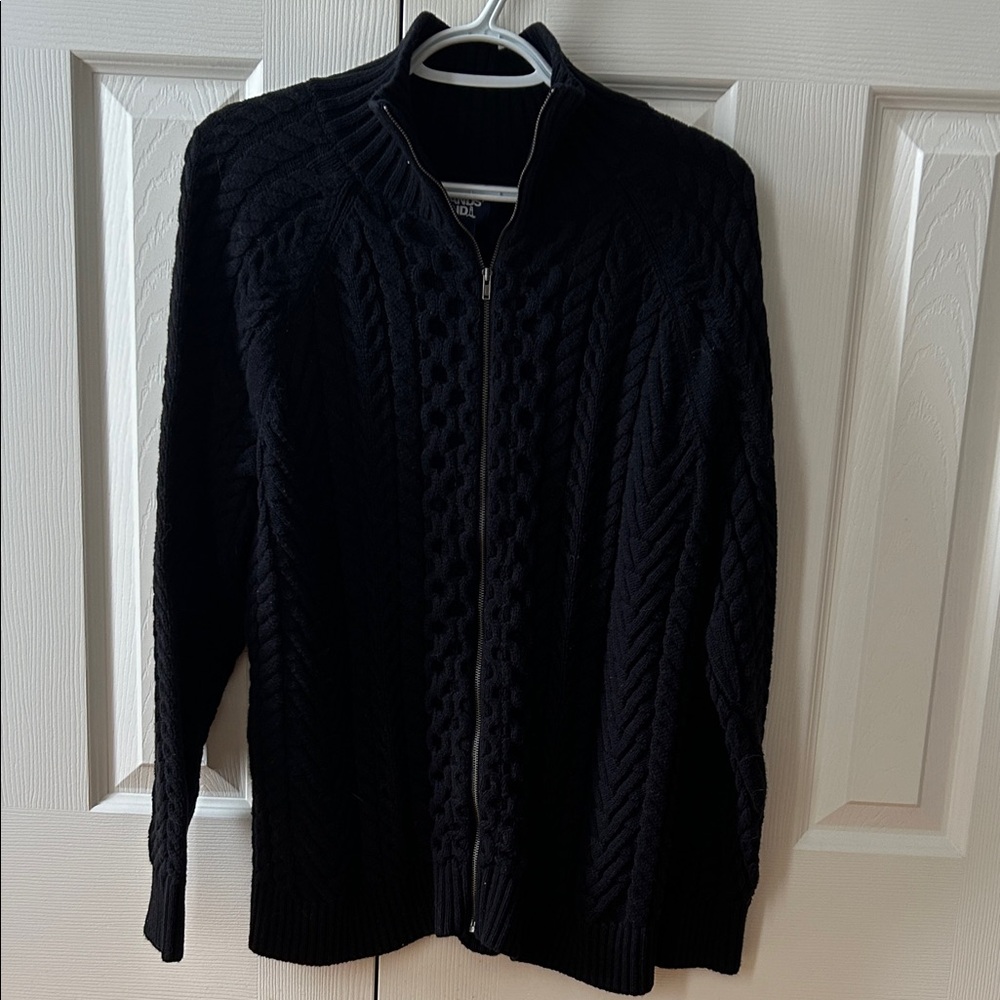 Lands End Black Cable Knit Zip-Up Sweater